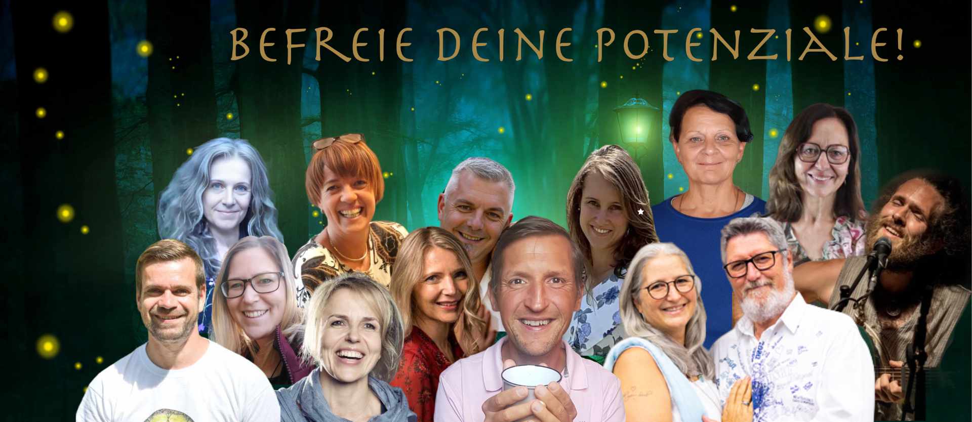 Zeremonienbegleiter 2025: Gruppenfoto mehrerer Begleiterinnen und Begleiter vor Waldhintergrund mit Schriftzug ‚Befreie deine Potenziale!