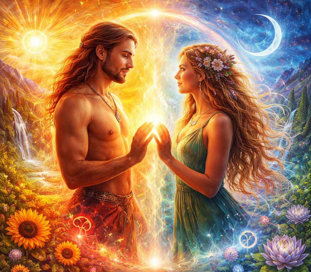 Symbolische Illustration: Mann und Frau berühren sich an den Händen, Lichtenergie zwischen Sonne und Mond.